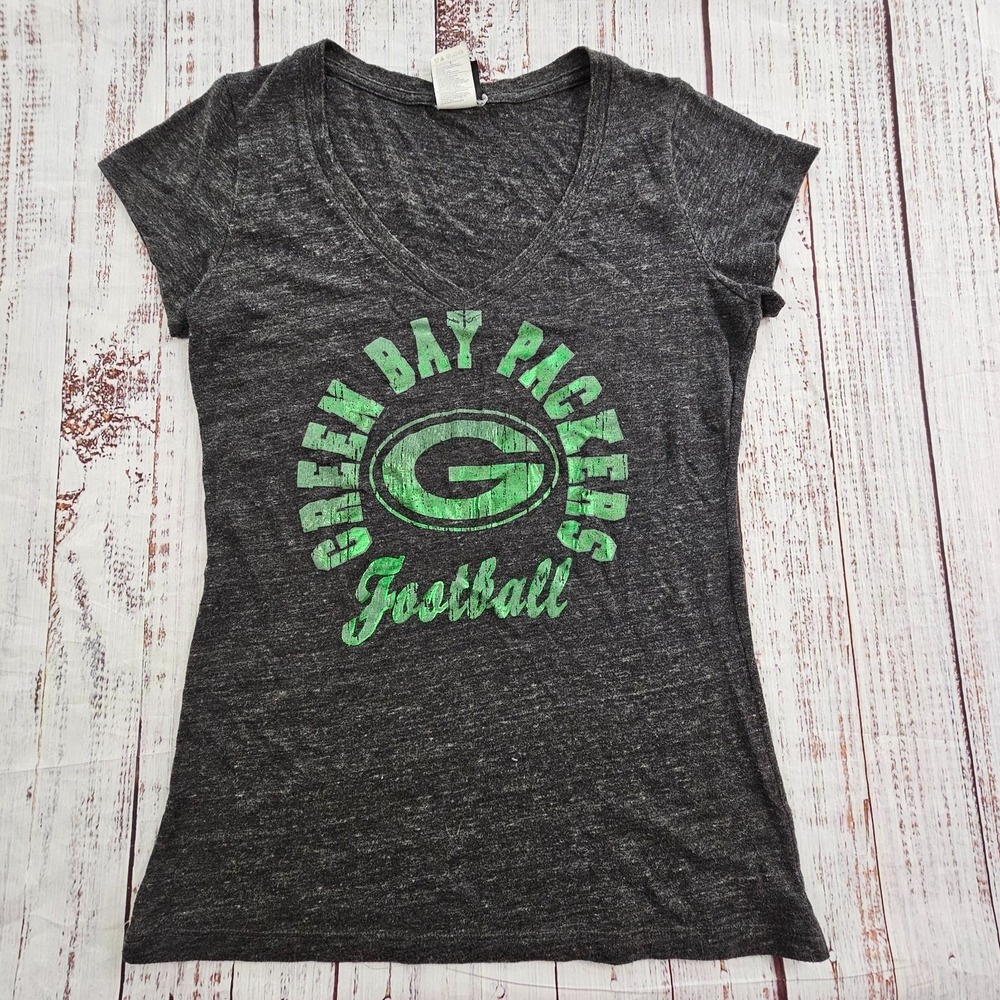 Green Bay Packers Football Gray Short Sleeve Tri-Blend V-Neck T-Shirt‎ Women's L